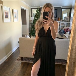 Black silk dress with slit and open back